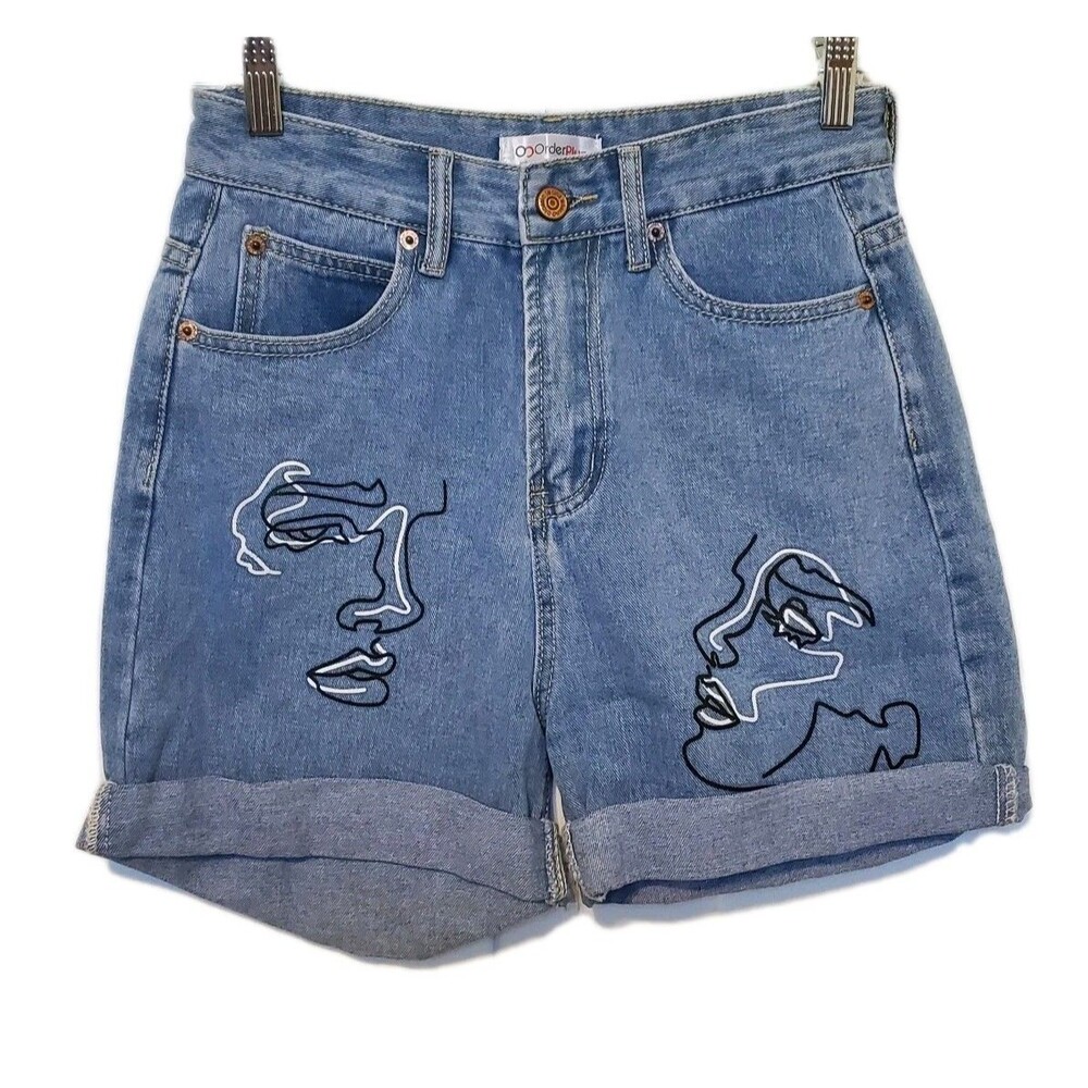NWT Order Plus Face Art Print Denim Jean Shorts High Waist Streetwear Med